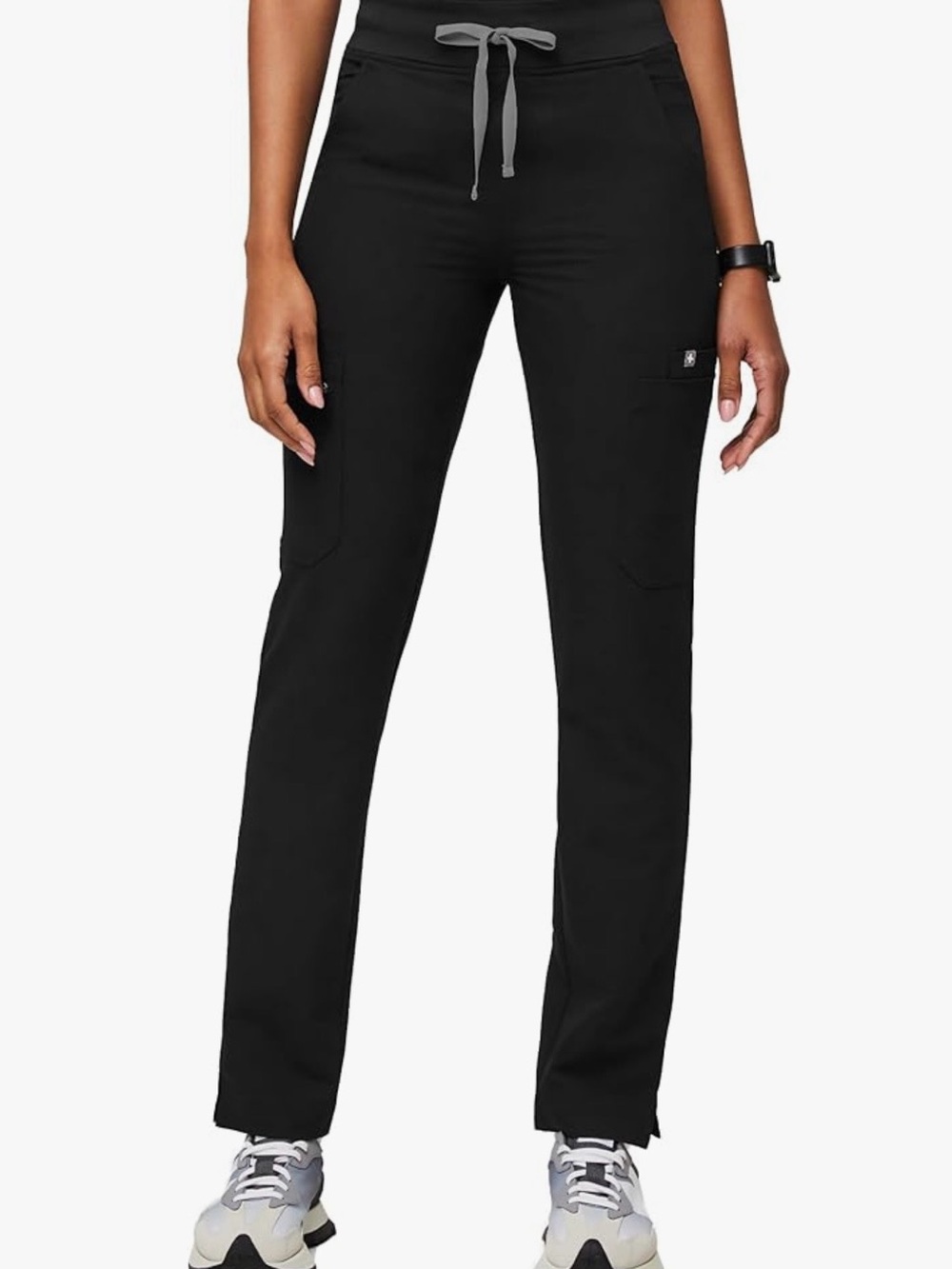 Figs Black Drawstring Scrub Joggers with Gray Tie